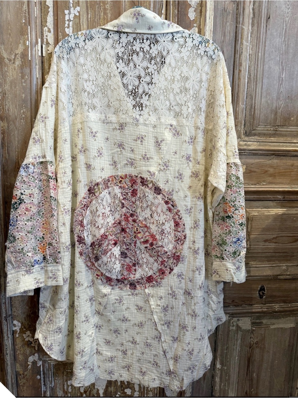 POL Cream Floral Lace-Back Tunic with Pink Peace Motif - Large